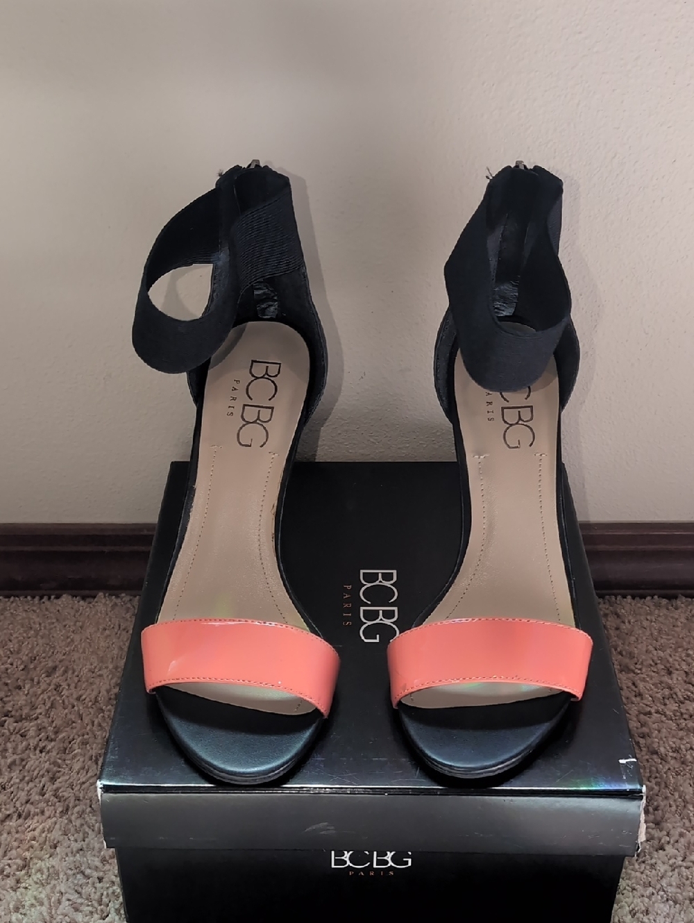 BCBG Black and Coral Open-Toe Ankle Strap Heels